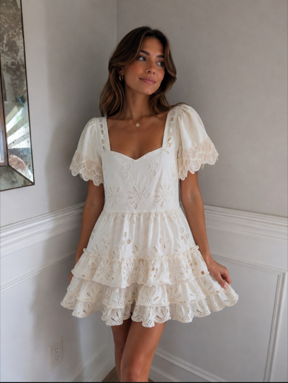 Women’s Cream Eyelet Tiered Mini Dress With Lace